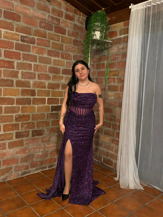 Pretty Deep Purple Prom Dress Sheath Sequins Long Evening Dress DP07908