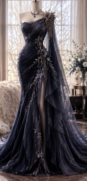 Pretty Navy Blue Prom Dress Sheath Chiffon Beaded Long Evening Dress DP07912