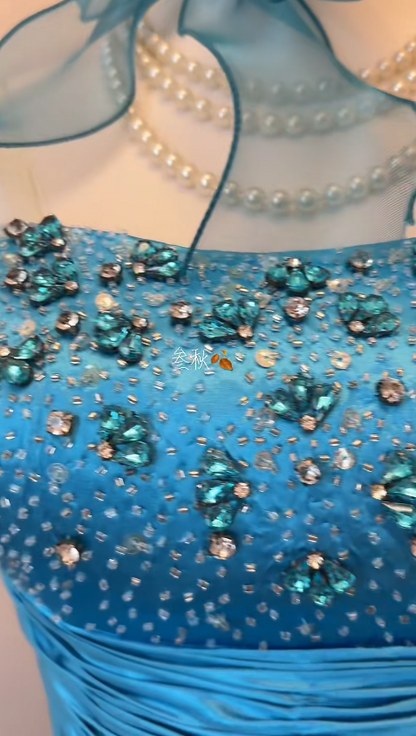 Pretty Blue Prom Dress Sheath Satin Long Evening Dress DP07916