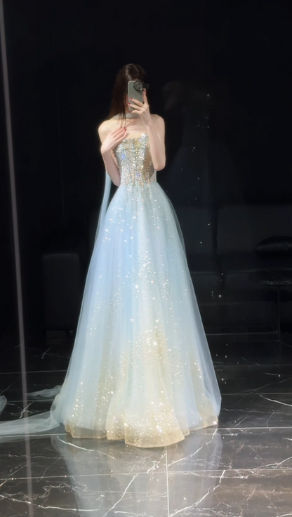 Pretty Pale Blue Prom Dress A-Line Satin Long Evening Dress DP07917