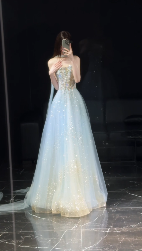 Pretty Pale Blue Prom Dress A-Line Satin Long Evening Dress DP07917