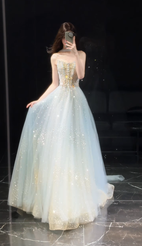 Pretty Pale Blue Prom Dress A-Line Satin Long Evening Dress DP07917