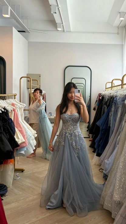 Pretty Dusty Blue Prom Dress A--Line Tulle Long Evening Dress DP07920