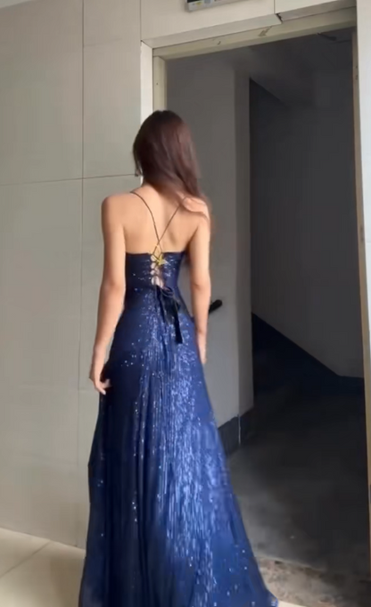 Pretty Navy Blue Prom Dress Sheath Sequins Long Evening Dress DP07921