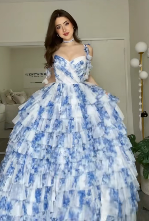 Pretty Blue Prom Dress A-Line Chiffon Floral Long Evening Dress DP07922