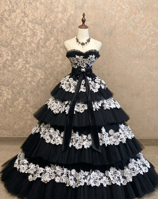 Elegantes schwarzes Ballkleid in A-Linie aus Tüll, langes Abendkleid DP07924