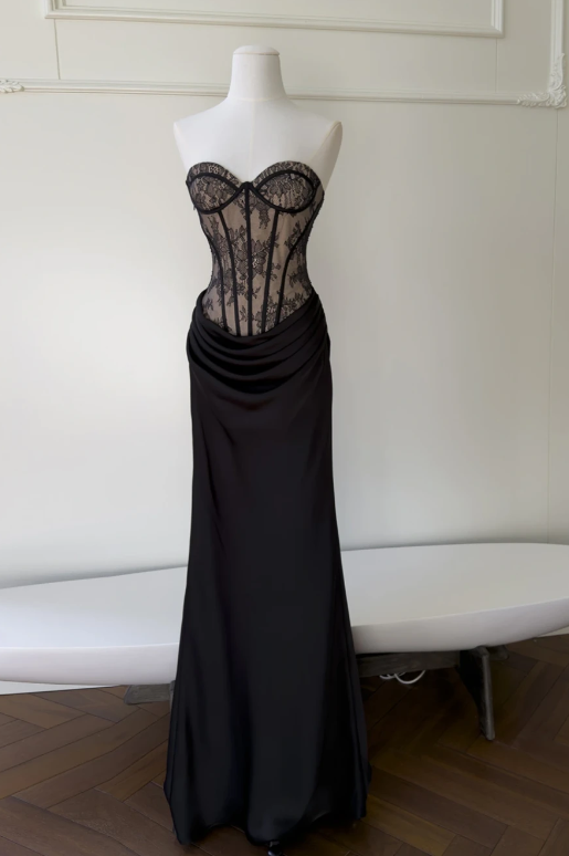Hübsches schwarzes Abschlussballkleid in Etuiform mit Spitze, langes Abendkleid DP07925