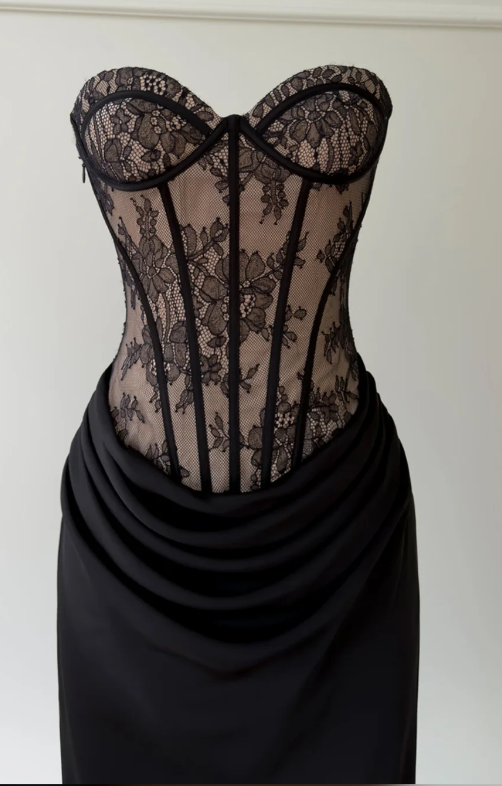 Hübsches schwarzes Abschlussballkleid in Etuiform mit Spitze, langes Abendkleid DP07925