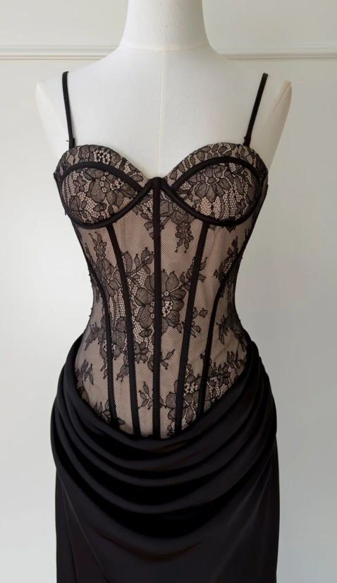 Pretty Black Prom Dress Sheath Lace Long Evening Dress DP07925