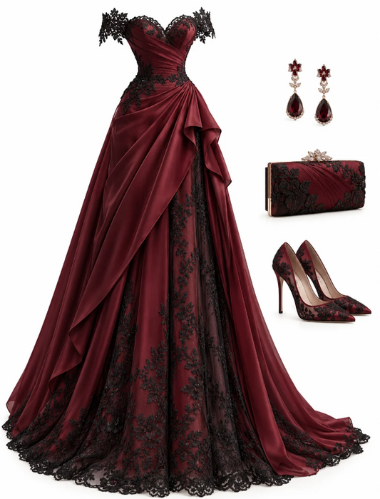 Schickes burgunderrotes A-Linien-Abendkleid aus Satin, bodenlang DP07926