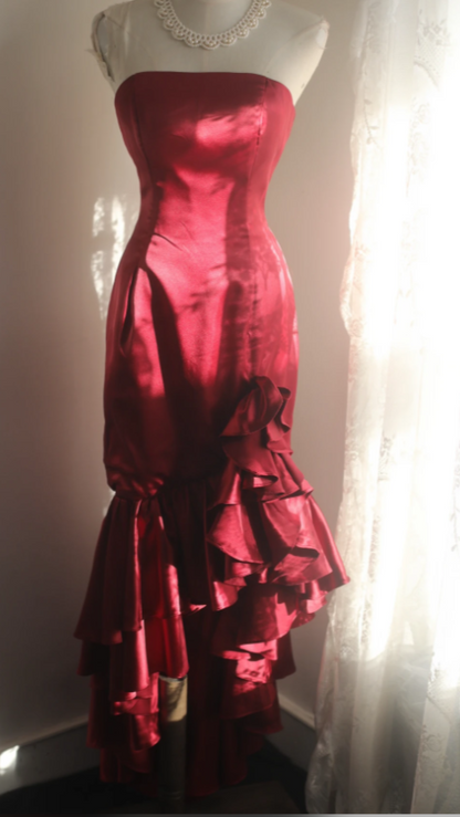 Pretty Red Prom Dress Sheath Satin Long Evening Dress DP07927