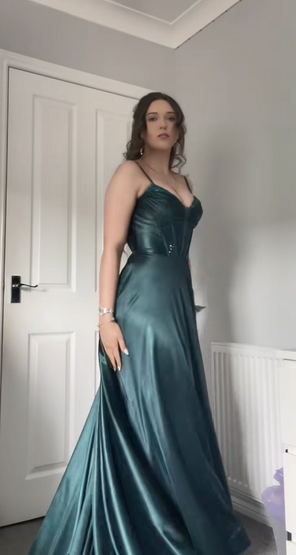 Charmante robe de bal verte  Robe de soirée longue fourreau en satin DP07930