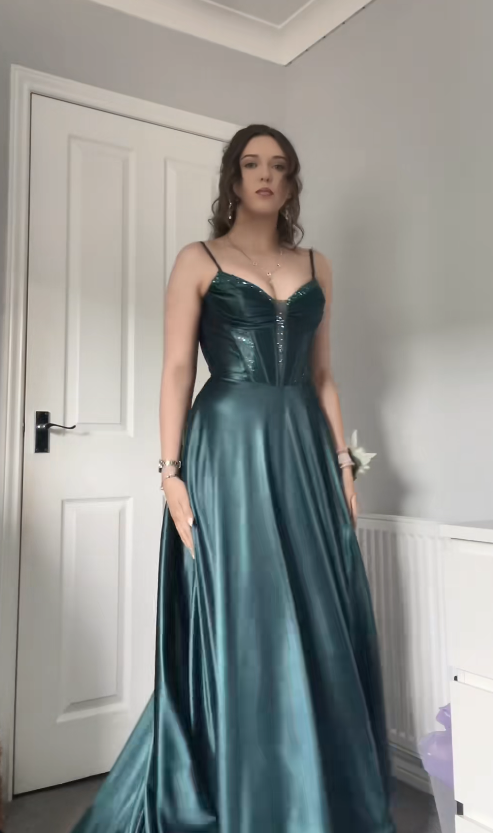 Charmante robe de bal verte  Robe de soirée longue fourreau en satin DP07930