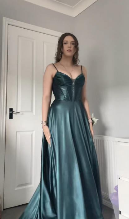 Charmante robe de bal verte  Robe de soirée longue fourreau en satin DP07930