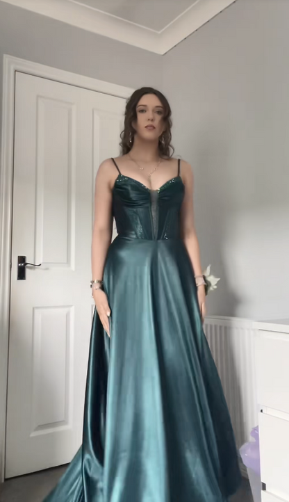 Charmante robe de bal verte  Robe de soirée longue fourreau en satin DP07930