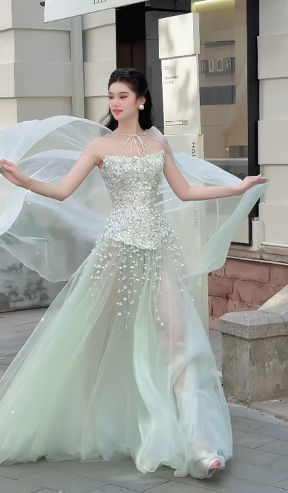 Charmante robe de bal verte fourreau en mousseline, robe de soirée longue DP07932