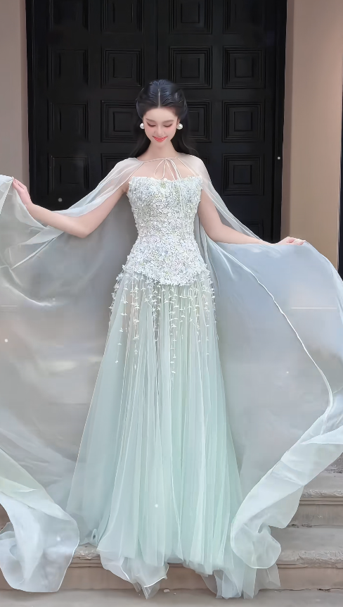 Charmante robe de bal verte fourreau en mousseline, robe de soirée longue DP07932