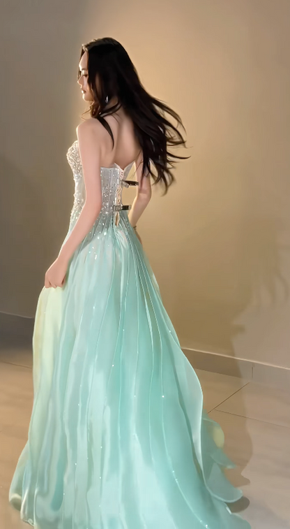 Charmante robe de bal vert menthe en mousseline, coupe trapèze, longue robe de soirée DP07933