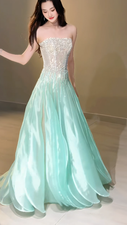 Charmante robe de bal vert menthe en mousseline, coupe trapèze, longue robe de soirée DP07933