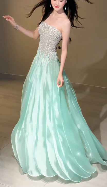 Charmante robe de bal vert menthe en mousseline, coupe trapèze, longue robe de soirée DP07933