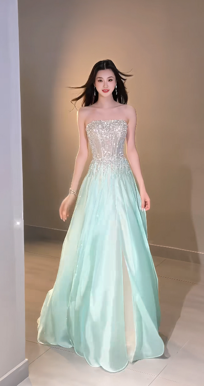 Charmante robe de bal vert menthe en mousseline, coupe trapèze, longue robe de soirée DP07933