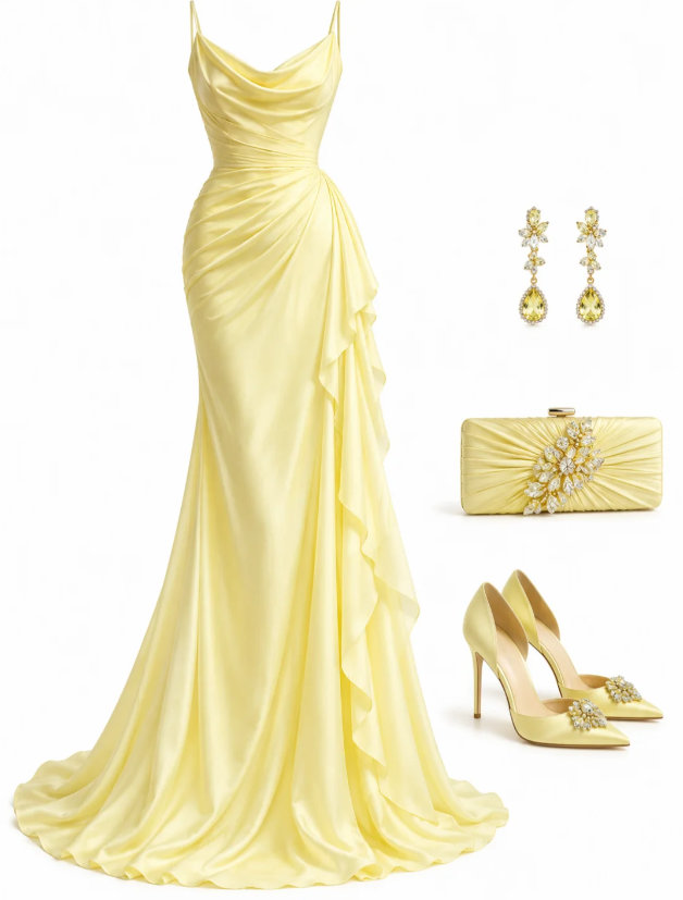 Charmante robe de bal jaune fourreau en mousseline, robe de soirée longue DP07934