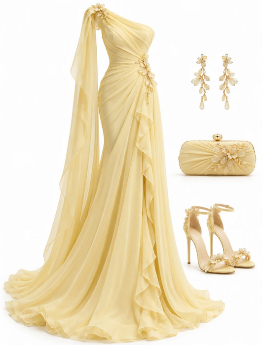 Reizendes gelbes Abschlussballkleid Etui-Abendkleid aus Chiffon DP07935