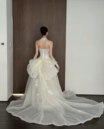 Charmante robe de mariée longue fourreau bustier en tulle blanc à appliqués DP07940