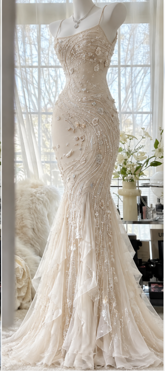 Gorgeous Ivory Beaded Prom Dress Mermaid Chiffon Long Evening Dress DP07942