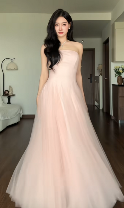 Magnifique robe de bal rose bustier en tulle, coupe trapèze, robe de soirée longue DP07945