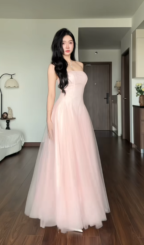 Magnifique robe de bal rose bustier en tulle, coupe trapèze, robe de soirée longue DP07945