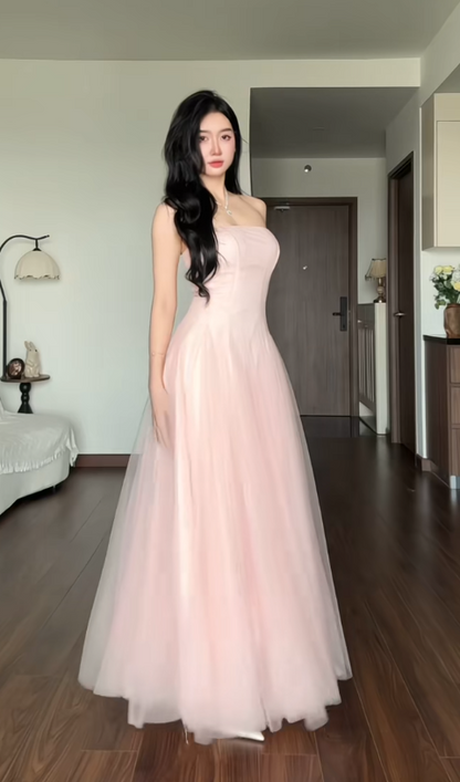 Magnifique robe de bal rose bustier en tulle, coupe trapèze, robe de soirée longue DP07945