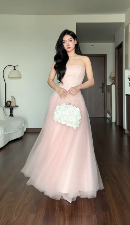Magnifique robe de bal rose bustier en tulle, coupe trapèze, robe de soirée longue DP07945