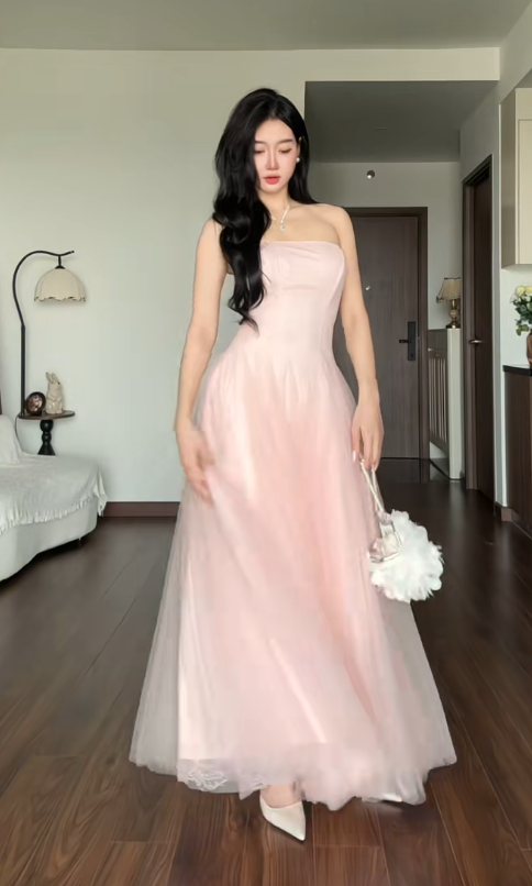 Magnifique robe de bal rose bustier en tulle, coupe trapèze, robe de soirée longue DP07945