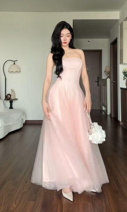 Magnifique robe de bal rose bustier en tulle, coupe trapèze, robe de soirée longue DP07945