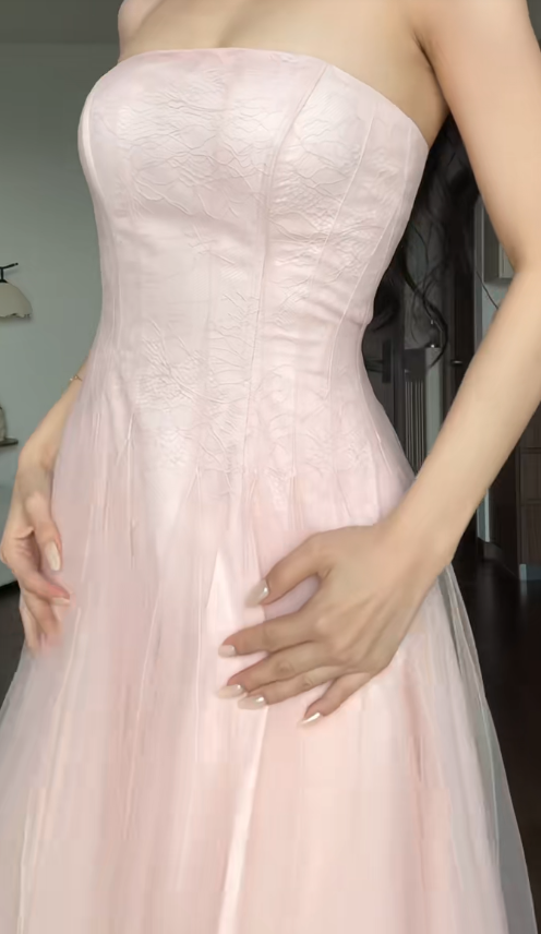 Magnifique robe de bal rose bustier en tulle, coupe trapèze, robe de soirée longue DP07945