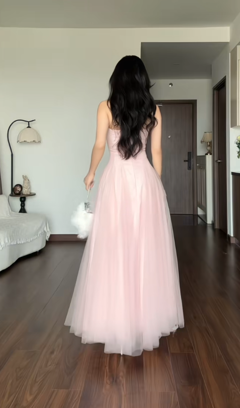 Magnifique robe de bal rose bustier en tulle, coupe trapèze, robe de soirée longue DP07945