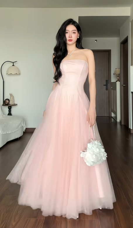 Magnifique robe de bal rose bustier en tulle, coupe trapèze, robe de soirée longue DP07945