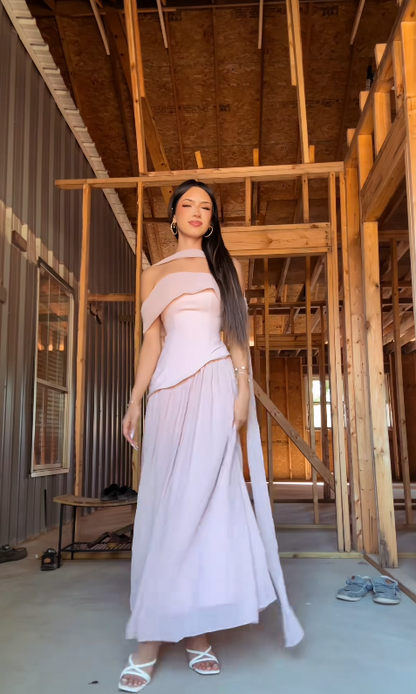 Wunderschönes schulterfreies rosa A-Linien-Abendkleid aus Chiffon DP07946