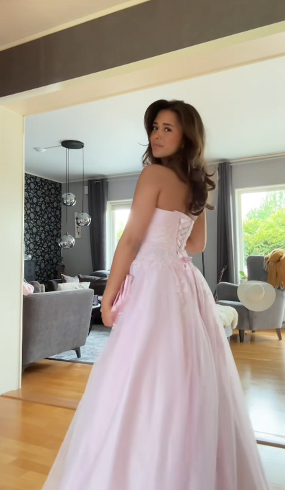 Magnifique robe de bal rose bustier en tulle coupe trapèze longue robe de soirée DP07948