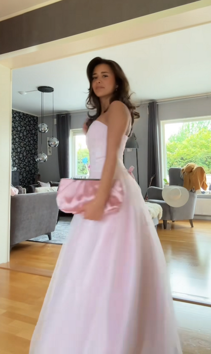 Magnifique robe de bal rose bustier en tulle coupe trapèze longue robe de soirée DP07948