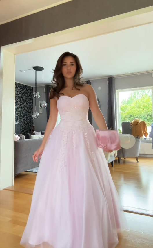 Magnifique robe de bal rose bustier en tulle coupe trapèze longue robe de soirée DP07948