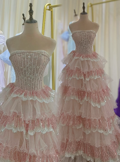 Magnifique robe de bal rose bustier à sequins, coupe trapèze en tulle, longue robe de soirée DP07949
