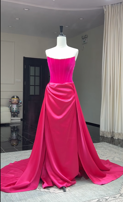 Gorgeous Strapless Hot Pink Prom Dress Sheath Satin Long Evening Dress DP07950