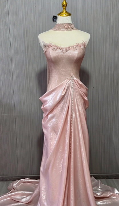 Magnifique robe de bal rose bustier, robe de soirée longue fourreau en satin DP07951