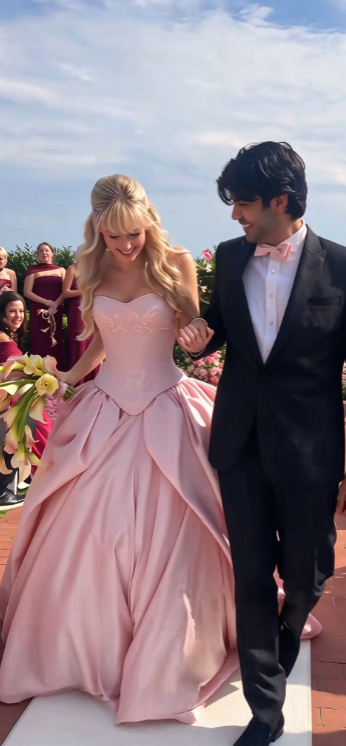 Magnifique robe de mariée rose bustier en satin, coupe trapèze, longue DP07953