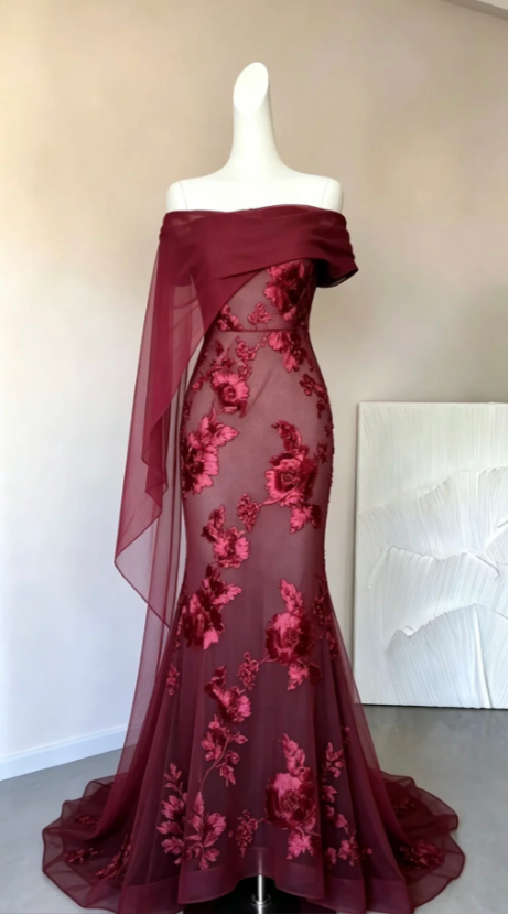 Glam Off-shoulder Burgundy Prom Dress Sheath Chiffon Long Evening Dress DP07954