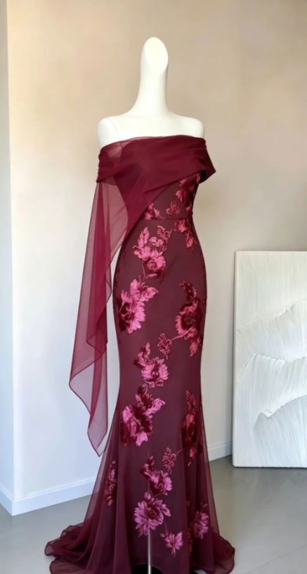 Glam Off-shoulder Burgundy Prom Dress Sheath Chiffon Long Evening Dress DP07954