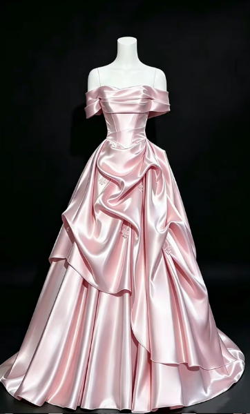 Jolie robe de bal rose à épaules dénudées pour un 16e anniversaire, robe de soirée longue en satin coupe trapèze DP07956