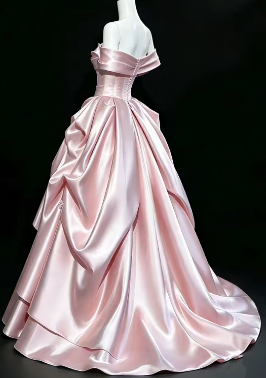 Jolie robe de bal rose à épaules dénudées pour un 16e anniversaire, robe de soirée longue en satin coupe trapèze DP07956